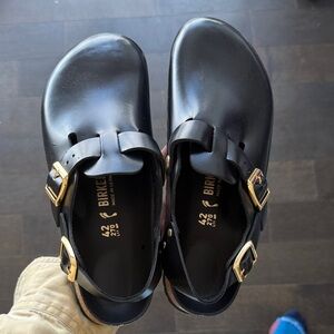 Birkenstock Black Leather Sandals with Gold Buckles
